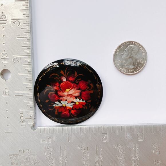VTG Russian Hand Painted Lacquer Floral Brooch Signed Cyrillic 70s 80s Pin - Picture 10 of 11